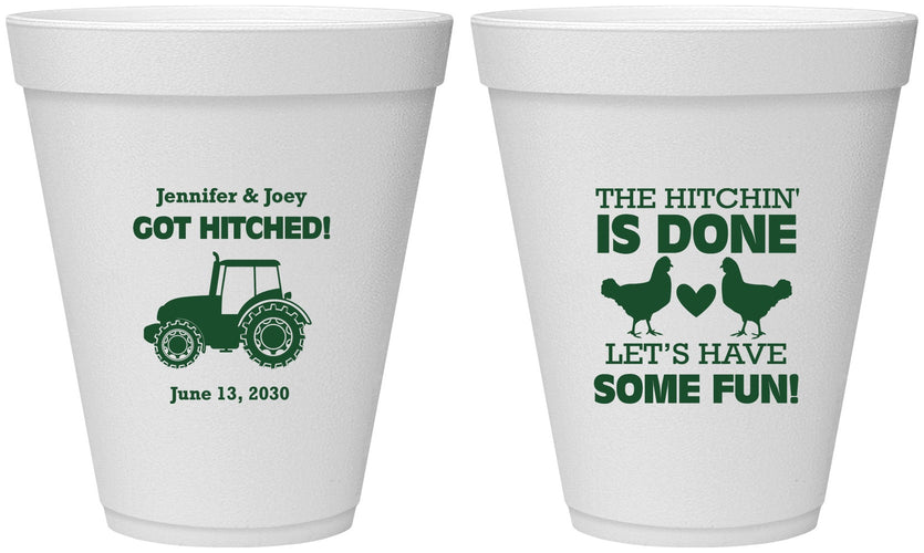 Personalized Wedding 12 oz Foam Cups - Got Hitched Tractor | 397
