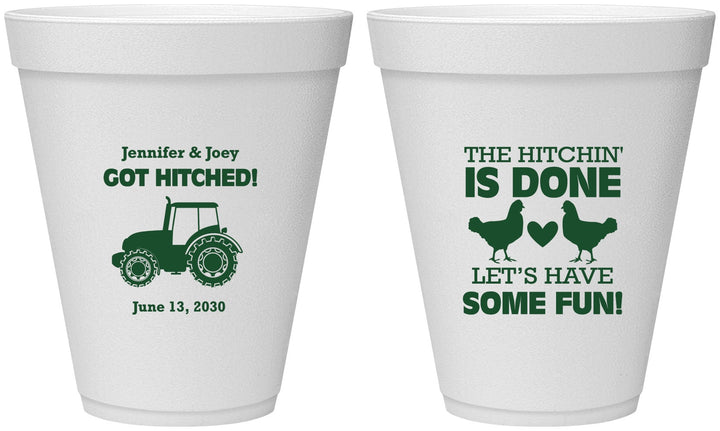 Personalized Wedding 12 oz Foam Cups - Got Hitched Tractor | 397
