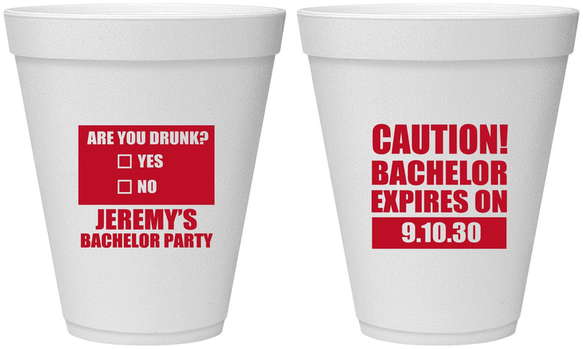 Personalized Bachelor Party 12 oz Foam Cups - Caution Expires On | 40012