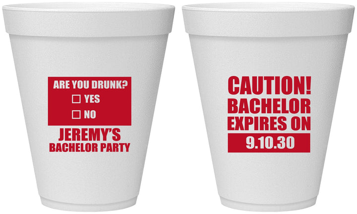Personalized Bachelor Party 12 oz Foam Cups - Caution Expires On | 40012