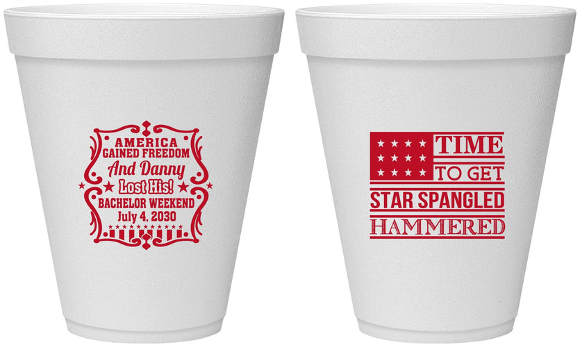 Personalized Bachelor Party 12 oz Foam Cups - Star Spangled Hammered | 40032