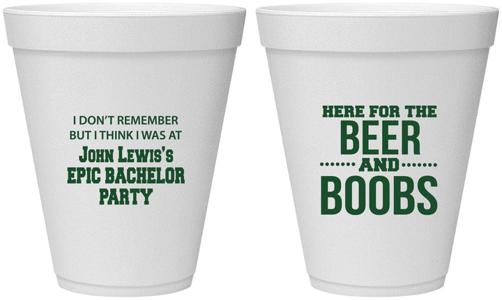 Personalized Bachelor Party 12 oz Foam Cups - Beer And Boobs | 40039
