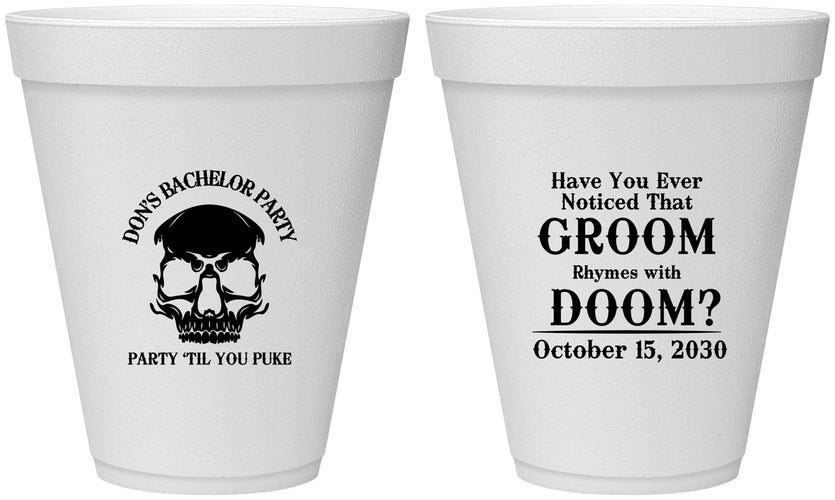 Personalized Bachelor Party 12 oz Foam Cups - Groom Doom Skull | 40041