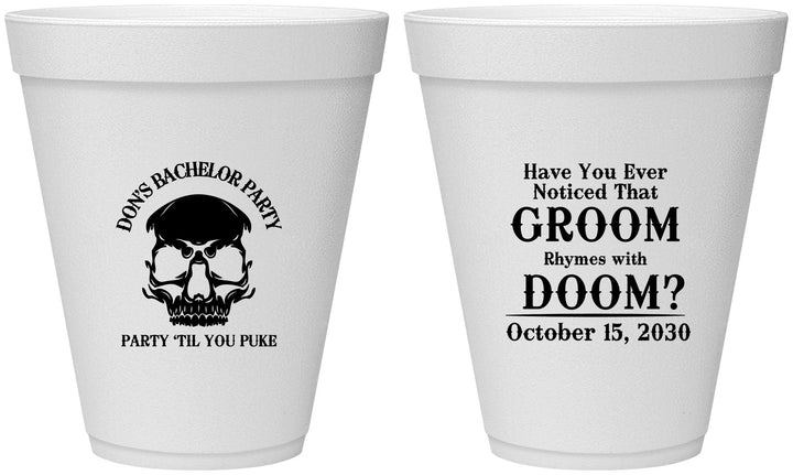 Personalized Bachelor Party 12 oz Foam Cups - Groom Doom Skull | 40041