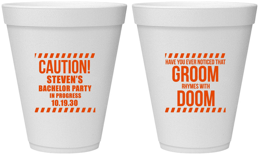 Personalized Bachelor Party 12 oz Foam Cups - Groom Rhymes Doom | 40042