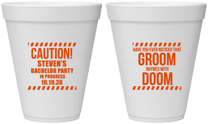 Personalized Bachelor Party 12 oz Foam Cups - Groom Rhymes Doom | 40042