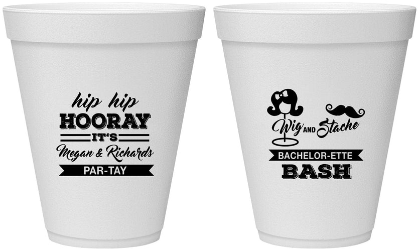 Personalized Bachelor Party 12 oz Foam Cups - Wig Or Stache | 40058