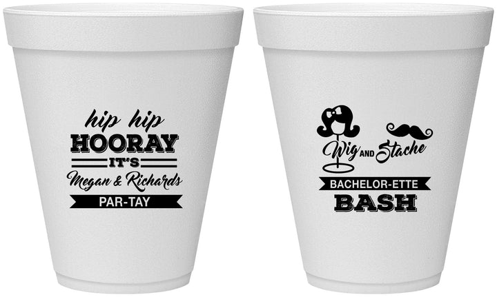 Personalized Bachelor Party 12 oz Foam Cups - Wig Or Stache | 40058