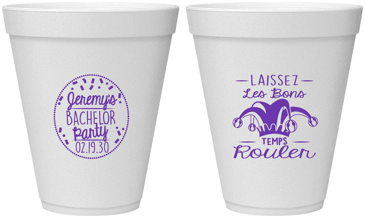 Personalized Bachelor Party 12 oz Foam Cups - Mardi Gras | 40090