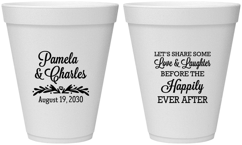 Personalized Wedding 12 oz Foam Cups - Love Laughter Happily | 409
