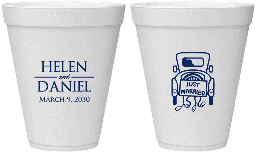Personalized Wedding 12 oz Foam Cups - Just Married Old Car | 413