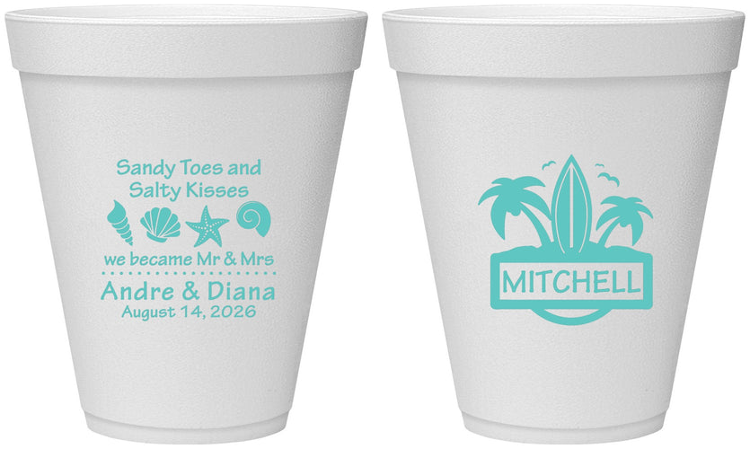 Personalized Wedding 12 oz Foam Cups - Sandy Toes Salty Kisses | 419
