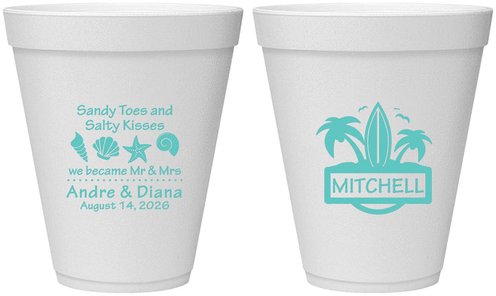 Personalized Wedding 12 oz Foam Cups - Sandy Toes Salty Kisses | 419