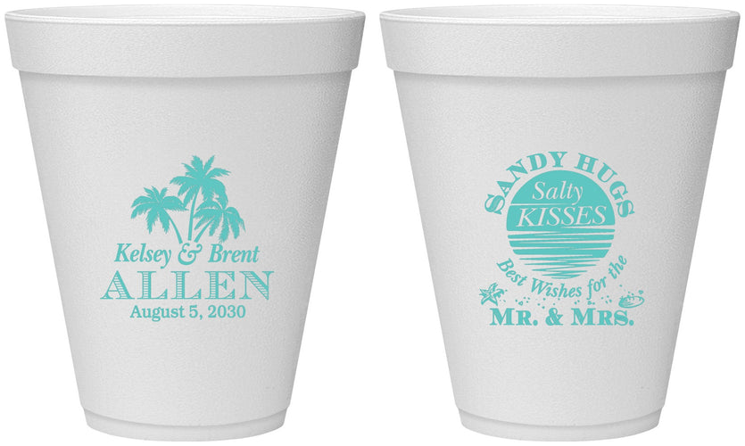 Personalized Wedding 12 oz Foam Cups - Sandy Hugs Salty Kisses | 425