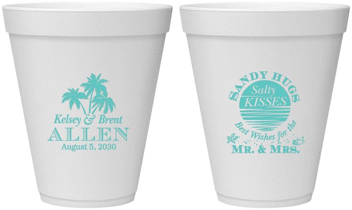 Personalized Wedding 12 oz Foam Cups - Sandy Hugs Salty Kisses | 425