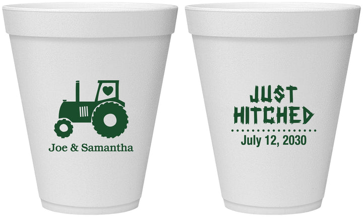 Personalized Wedding 12 oz Foam Cups - Just Hitched Tractor | 429