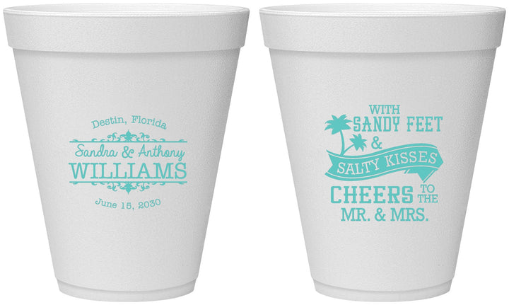 Personalized Wedding 12 oz Foam Cups - Sandy Feet Salty Kisses | 434