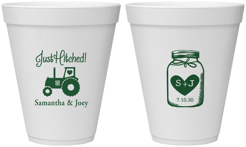 Personalized Wedding 12 oz Foam Cups - Just Hitched Mason Jar | 483