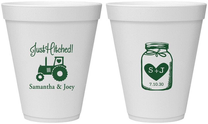 Personalized Wedding 12 oz Foam Cups - Just Hitched Mason Jar | 483
