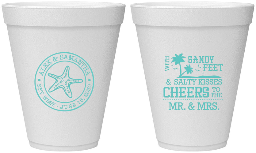 Personalized Wedding 12 oz Foam Cups - Sandy Feet Salty Kisses | 488
