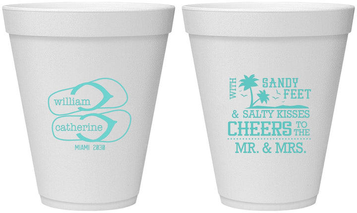 Personalized Wedding 12 oz Foam Cups - Sandy Feet Salty Kisses | 490