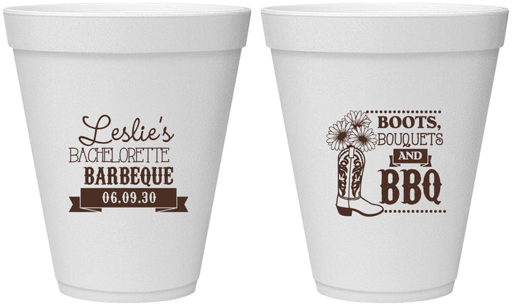Personalized Bachelorette 12 oz Foam Cups - Boots Bouquets Bbq | 60035
