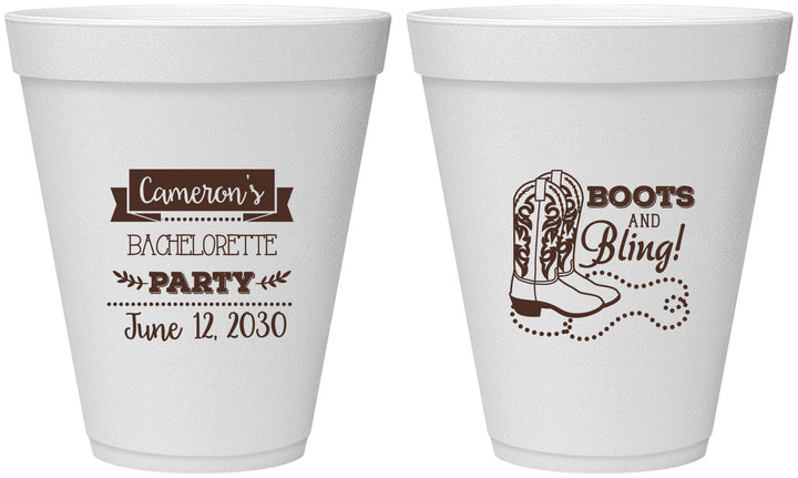 Personalized Bachelorette 12 oz Foam Cups - Boots And Bling | 60044