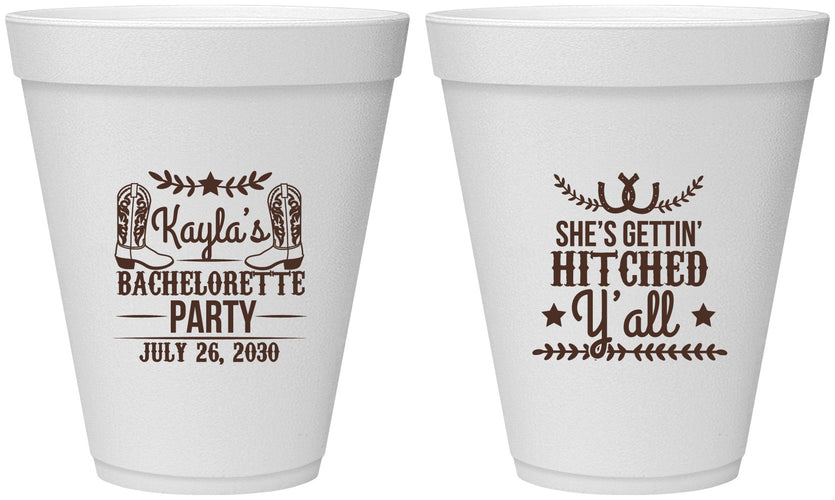 Personalized Bachelorette 12 oz Foam Cups - Getting Hitched Yall | 60047