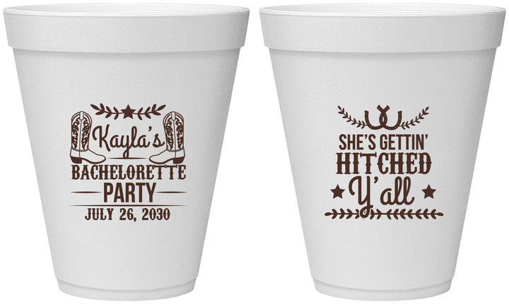 Personalized Bachelorette 12 oz Foam Cups - Getting Hitched Yall | 60047