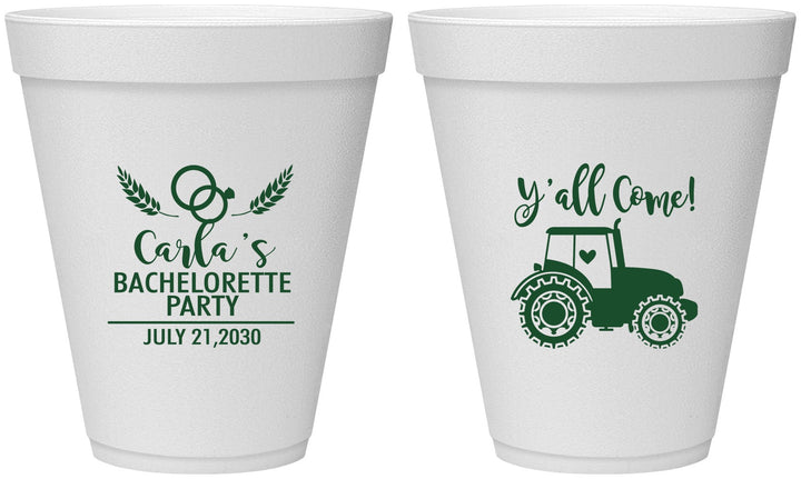Personalized Bachelorette 12 oz Foam Cups - Tractor Farm | 60070