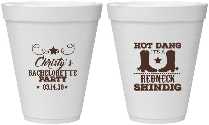 Personalized Bachelorette 12 oz Foam Cups - Redneck Shindig | 60100