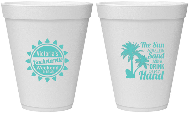 Personalized Bachelorette 12 oz Foam Cups - Sun Sand Drink Hand | 60114