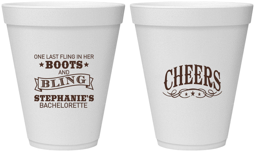 Personalized Bachelorette 12 oz Foam Cups - Boots And Bling | 60118