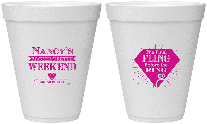 Personalized Bachelorette 12 oz Foam Cups - Final Fling Before The Ring | 60129