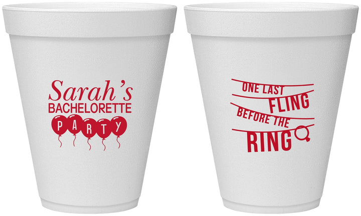 Personalized Bachelorette 12 oz Foam Cups - Last Fling Before Rings | 60140