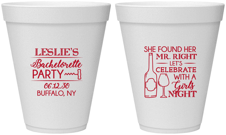 Personalized Bachelorette 12 oz Foam Cups - Mr Right Girls Night | 60180