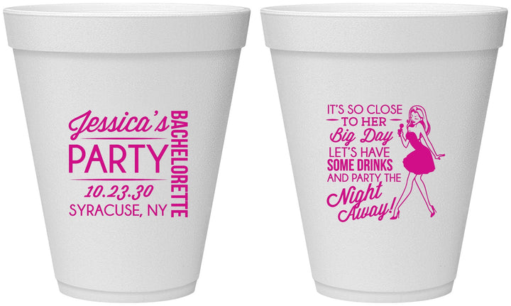 Personalized Bachelorette 12 oz Foam Cups - Drink The Night Away | 60182