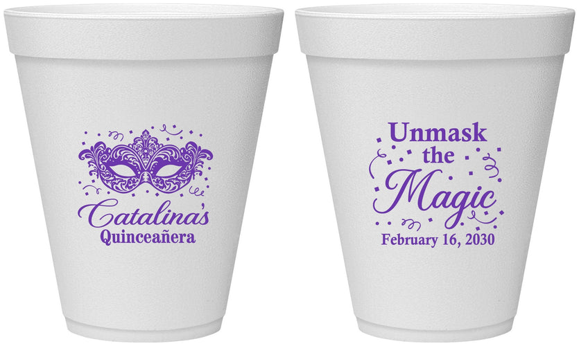 Personalized Quinceanera 12 oz Foam Cups - Mardi Gras Quince | 70010