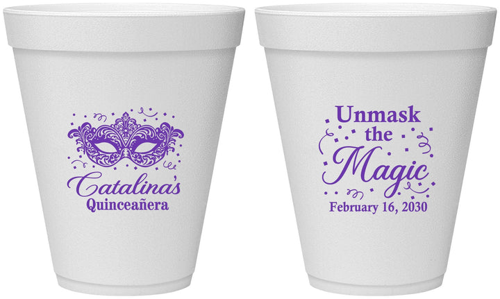 Personalized Quinceanera 12 oz Foam Cups - Mardi Gras Quince | 70010