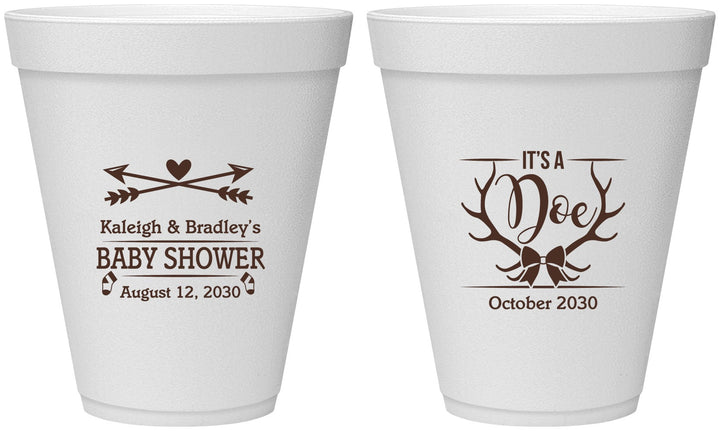 Personalized Baby Shower 12 oz Foam Cups - It’s A Doe Antler | 90001