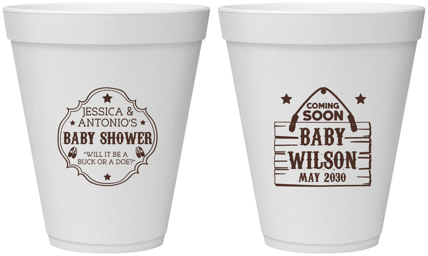 Personalized Baby Shower 12 oz Foam Cups - Gender Reveal Buck Or Doe | 90002