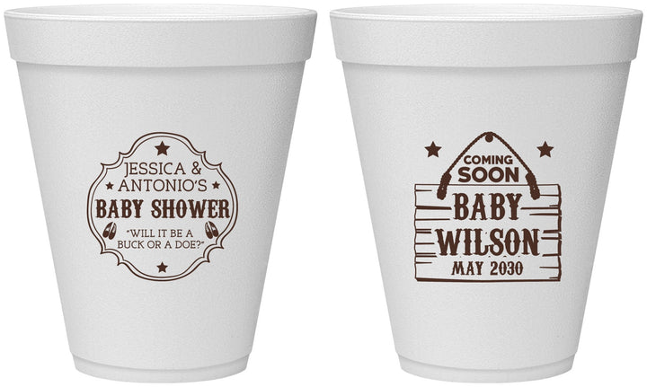 Personalized Baby Shower 12 oz Foam Cups - Gender Reveal Buck Or Doe | 90002