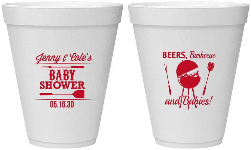 Personalized Baby Shower 12 oz Foam Cups - Beers Bbq Babies | 90006