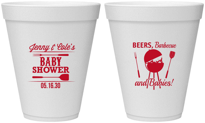 Personalized Baby Shower 12 oz Foam Cups - Beers Bbq Babies | 90006