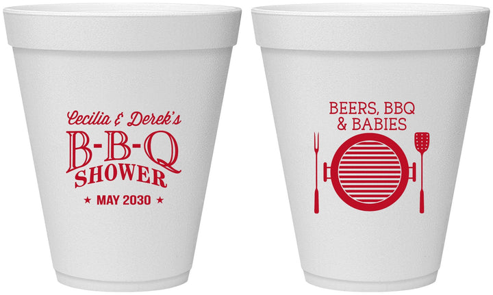 Personalized Baby Shower 12 oz Foam Cups - Beers Bbq Babies | 90007