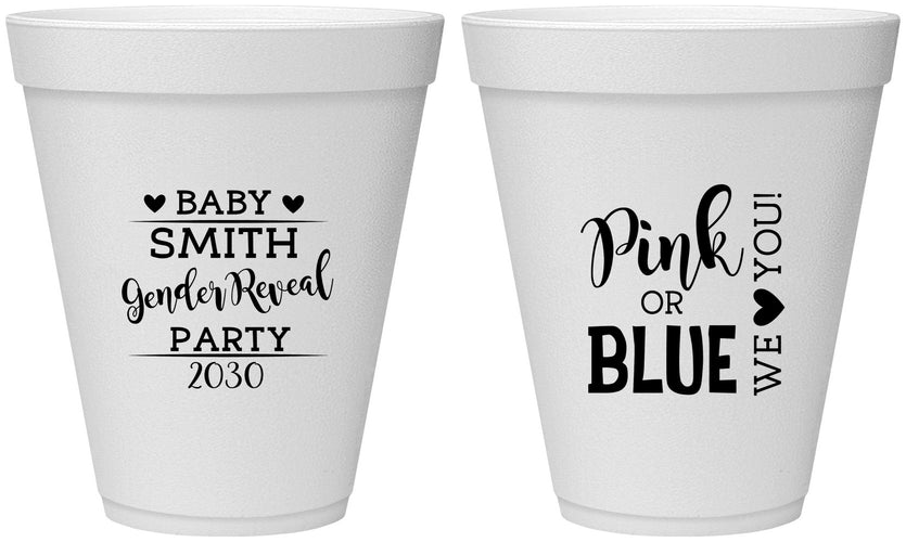 Personalized Baby Shower 12 oz Foam Cups - Gender Reveal Pink Or Blue | 90012