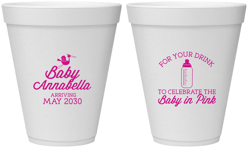 Personalized Baby Shower 12 oz Foam Cups - Drink Baby In Pink | 90014