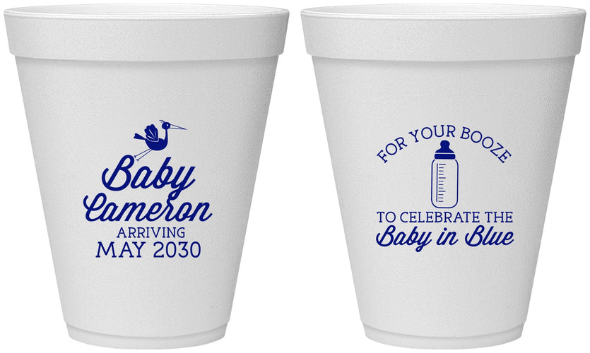 Personalized Baby Shower 12 oz Foam Cups - Booze Baby In Blue | 90015