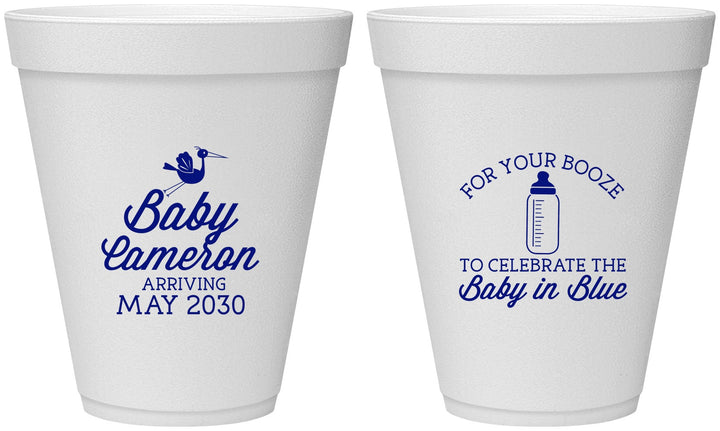 Personalized Baby Shower 12 oz Foam Cups - Booze Baby In Blue | 90015