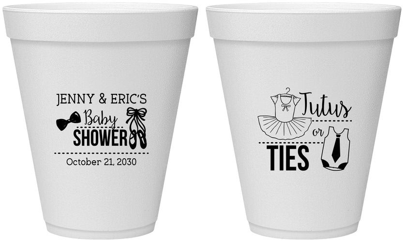Personalized Baby Shower 12 oz Foam Cups - Gender Reveal Tutus Or Ties | 90033